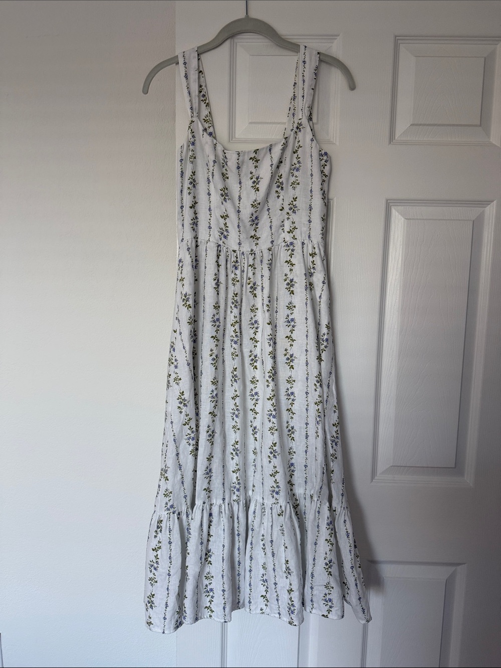 Reformation White Maxi Dress with Green Floral Stripe